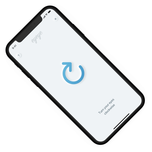 A screenshot shows the app instructs you to turn your eyes clockwise.